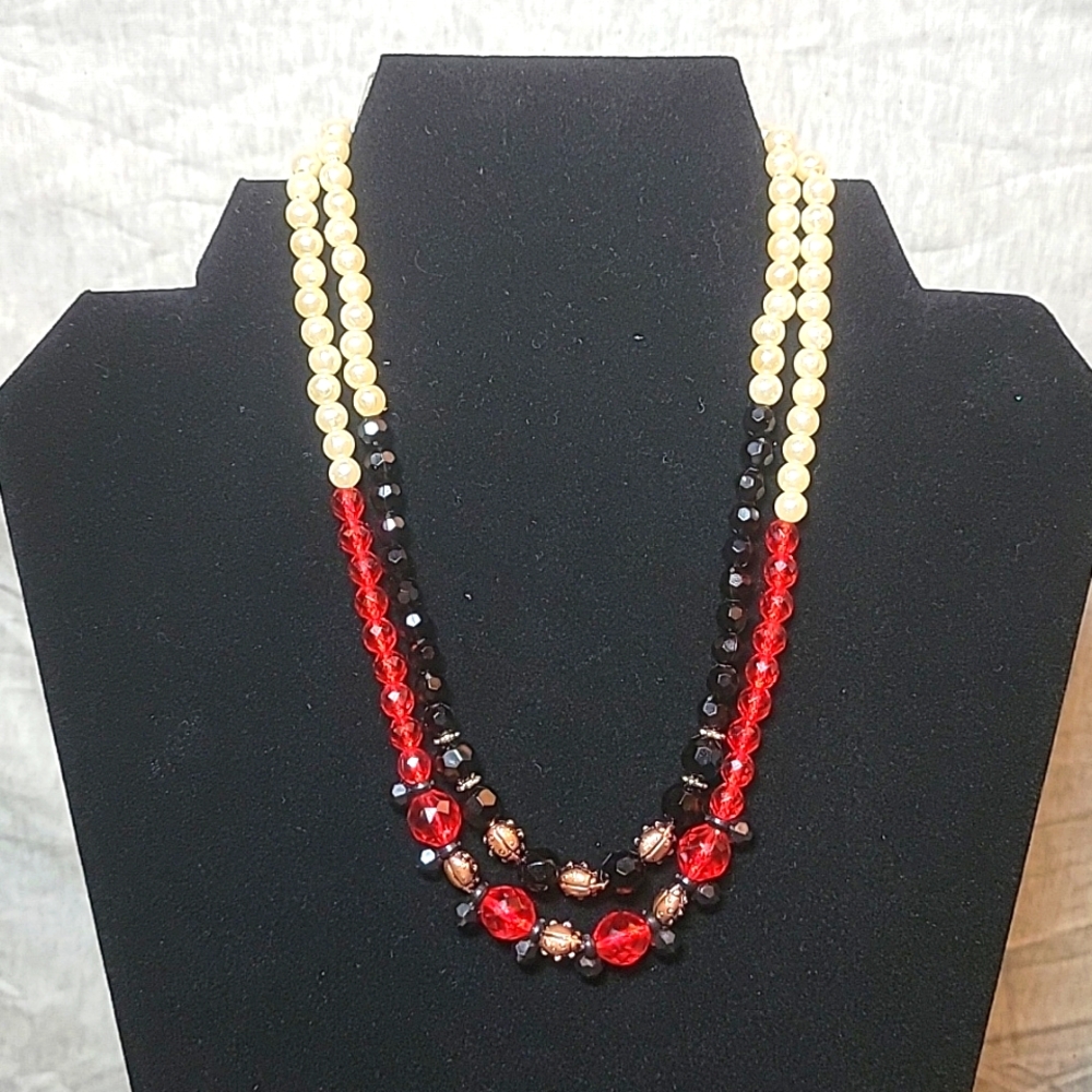 Double Strand Ladybug Necklace Created with Vintage Beads